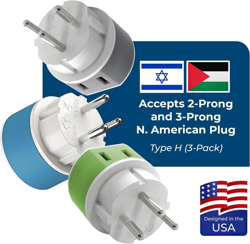 OREI Israel, Palestine Power Plug Adapter with 2 USA Inputs - Travel 3 Pack - Type H (US-14) Safe Grounded Use with Cell Phones, Laptop, Camera Chargers, CPAP, and More - Image 2